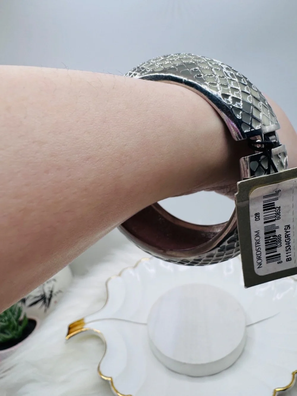 Silver Tone Mosaic Tile Wide Bangle Bracelet Statement Cuff Nordstrom - Picture 6 of 7